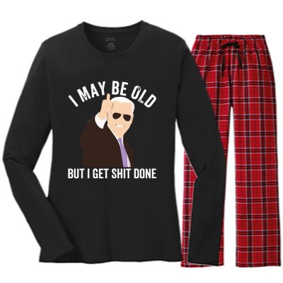 Funny Biden I May Be Old But I Get Shit Done Women's Long Sleeve Flannel Pajama Set 