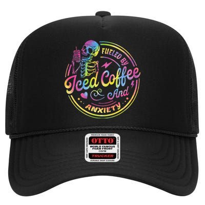 Fueled By Iced Coffee And Anxiety Skeleton Coffee Lover High Crown Mesh Back Trucker Hat