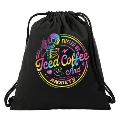 Fueled By Iced Coffee And Anxiety Skeleton Coffee Lover Drawstring Bag