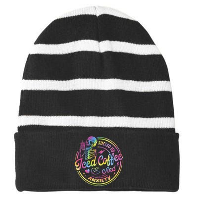 Fueled By Iced Coffee And Anxiety Skeleton Coffee Lover Striped Beanie with Solid Band