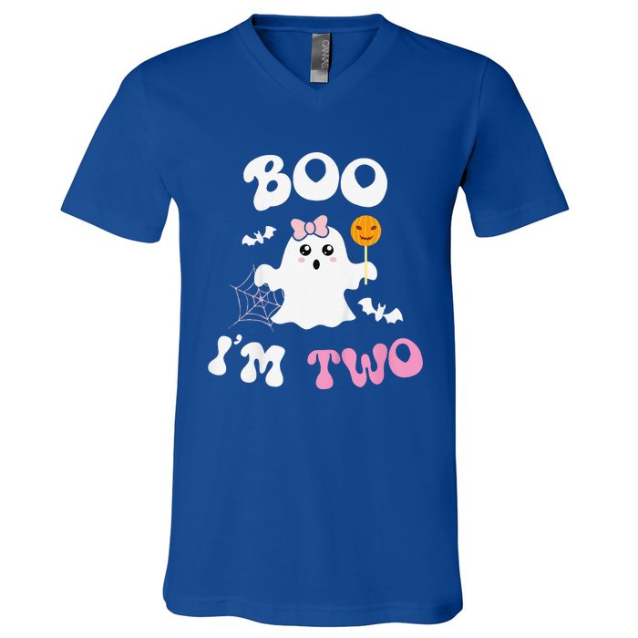 Funny Boo Im Two Ghost Second 2nd Birthday Groovy Halloween V-Neck T-Shirt