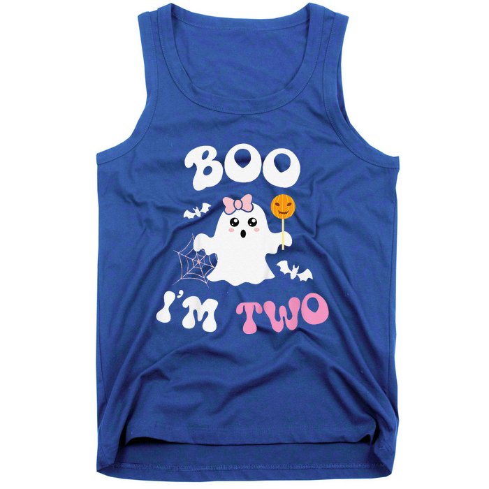 Funny Boo Im Two Ghost Second 2nd Birthday Groovy Halloween Tank Top