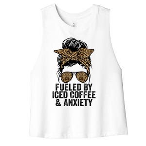 Fueled By Iced Coffee And Anxiety Funny Groovy Coffee Lover Gift Women's Racerback Cropped Tank