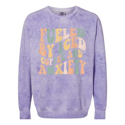 Fueled By Iced Coffee And Anxiety Funny Groovy Iced Coffee Colorblast Crewneck Sweatshirt