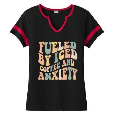 Fueled By Iced Coffee And Anxiety Funny Groovy Iced Coffee Ladies Halftime Notch Neck Tee