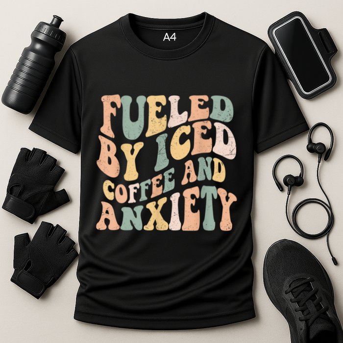 Fueled By Iced Coffee And Anxiety Funny Groovy Iced Coffee Cooling Performance Crew T-Shirt