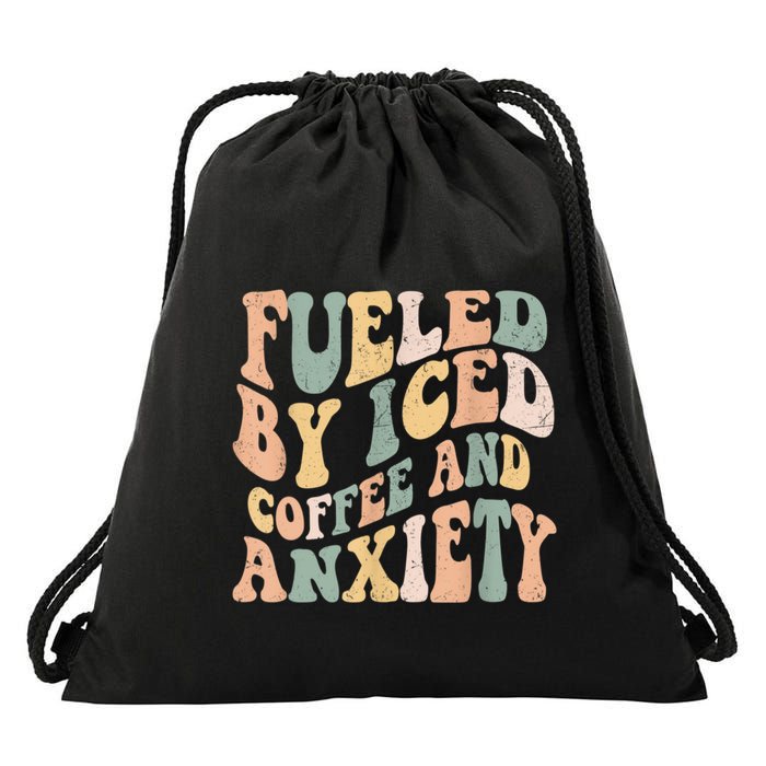 Fueled By Iced Coffee And Anxiety Funny Groovy Iced Coffee Drawstring Bag