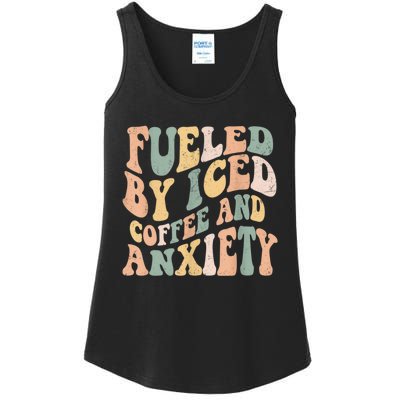 Fueled By Iced Coffee And Anxiety Funny Groovy Iced Coffee Ladies Essential Tank