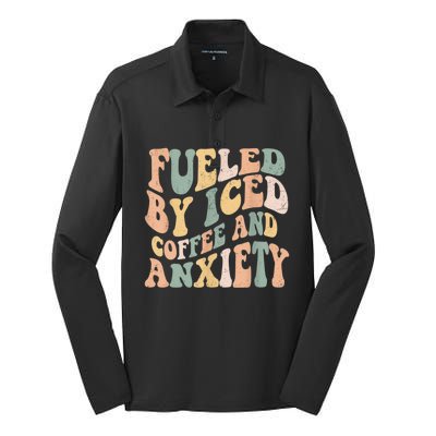 Fueled By Iced Coffee And Anxiety Funny Groovy Iced Coffee Silk Touch Performance Long Sleeve Polo