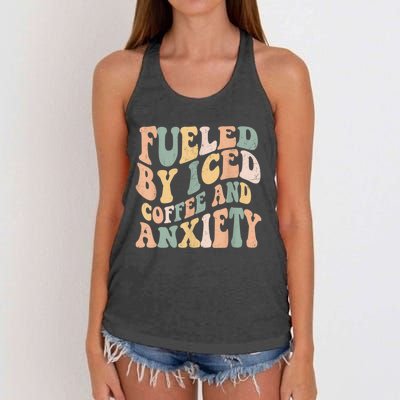 Fueled By Iced Coffee And Anxiety Funny Groovy Iced Coffee Women's Knotted Racerback Tank