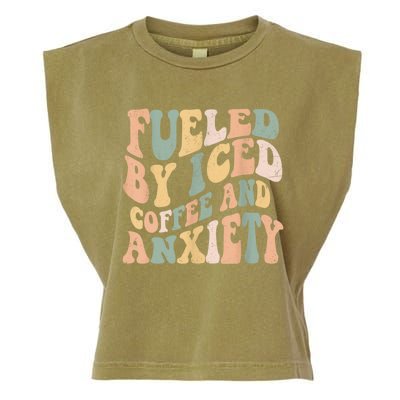 Fueled By Iced Coffee And Anxiety Funny Groovy Iced Coffee Garment-Dyed Women's Muscle Tee