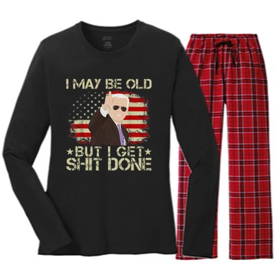 Funny Biden I may be old but i get shit done Women's Long Sleeve Flannel Pajama Set 