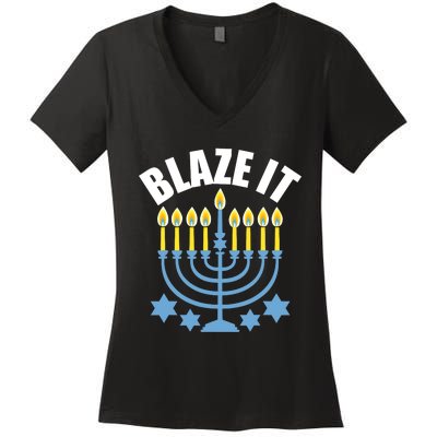 Funny Blaze It Light The Menorah Happy Hanukkah Novelty Women's V-Neck T-Shirt