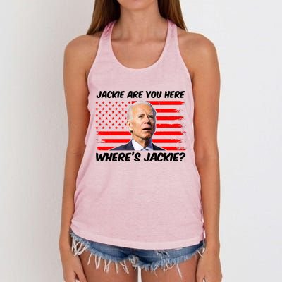 Funny Biden Jackie Are You Here Where's Jackie? Women's Knotted Racerback Tank