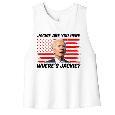 Funny Biden Jackie Are You Here Where's Jackie? Women's Racerback Cropped Tank