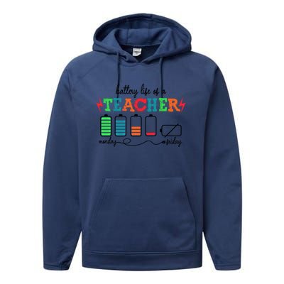 Funny Battery Life Of A Teacher From Monday To Friday Gift Performance Fleece Hoodie