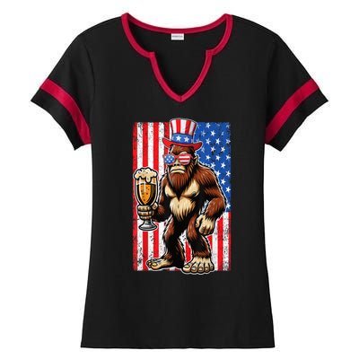 Funny Bigfoot Loves Beer 4th Of July Sasquatch American Flag Gift Ladies Halftime Notch Neck Tee