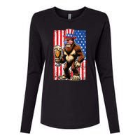 Funny Bigfoot Loves Beer 4th Of July Sasquatch American Flag Gift Womens Cotton Relaxed Long Sleeve T-Shirt