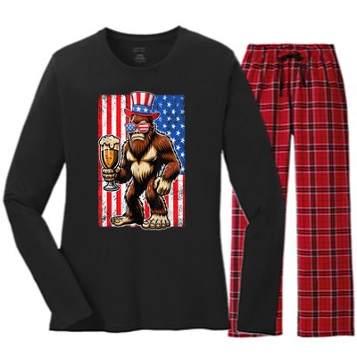 Funny Bigfoot Loves Beer 4th Of July Sasquatch American Flag Gift Women's Long Sleeve Flannel Pajama Set 