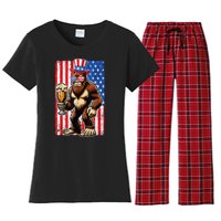 Funny Bigfoot Loves Beer 4th Of July Sasquatch American Flag Gift Women's Flannel Pajama Set