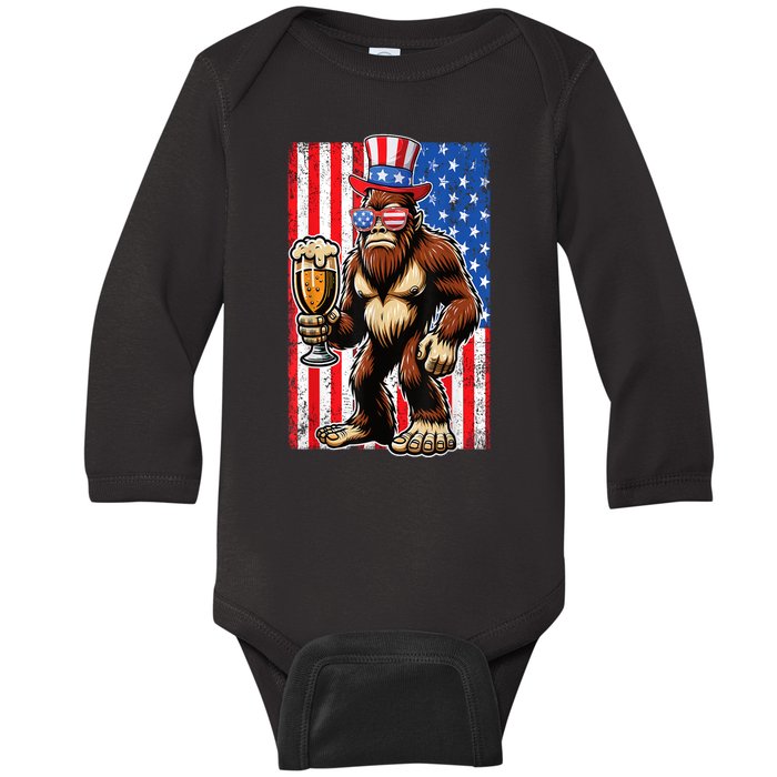 Funny Bigfoot Loves Beer 4th Of July Sasquatch American Flag Gift Baby Long Sleeve Bodysuit