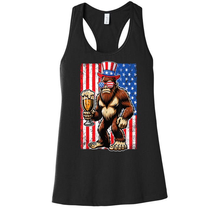 Funny Bigfoot Loves Beer 4th Of July Sasquatch American Flag Gift Women's Racerback Tank