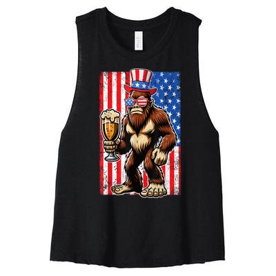 Funny Bigfoot Loves Beer 4th Of July Sasquatch American Flag Gift Women's Racerback Cropped Tank