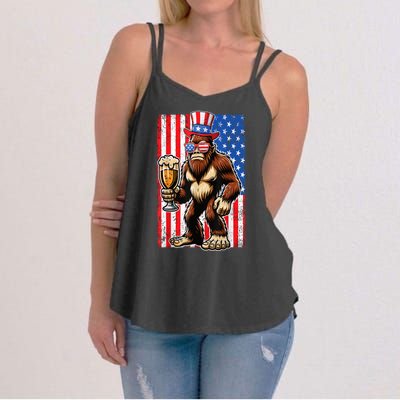 Funny Bigfoot Loves Beer 4th Of July Sasquatch American Flag Gift Women's Strappy Tank