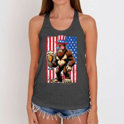 Funny Bigfoot Loves Beer 4th Of July Sasquatch American Flag Gift Women's Knotted Racerback Tank