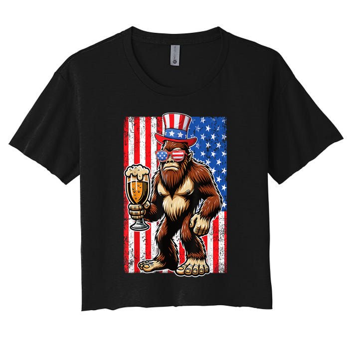 Funny Bigfoot Loves Beer 4th Of July Sasquatch American Flag Gift Women's Crop Top Tee