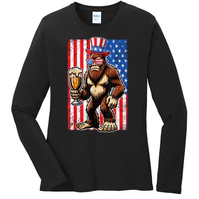 Funny Bigfoot Loves Beer 4th Of July Sasquatch American Flag Gift Ladies Long Sleeve Shirt