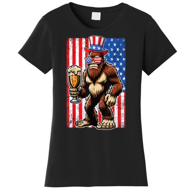 Funny Bigfoot Loves Beer 4th Of July Sasquatch American Flag Gift Women's T-Shirt