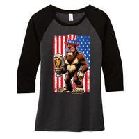 Funny Bigfoot Loves Beer 4th Of July Sasquatch American Flag Gift Women's Tri-Blend 3/4-Sleeve Raglan Shirt