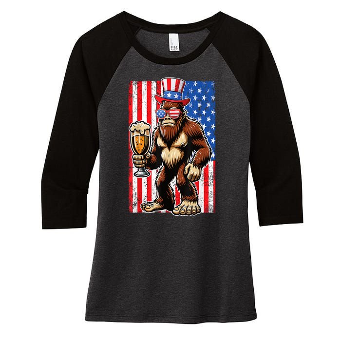 Funny Bigfoot Loves Beer 4th Of July Sasquatch American Flag Gift Women's Tri-Blend 3/4-Sleeve Raglan Shirt