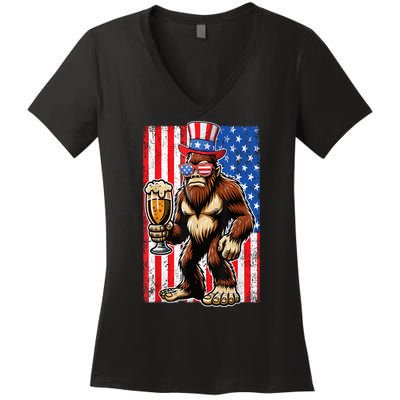 Funny Bigfoot Loves Beer 4th Of July Sasquatch American Flag Gift Women's V-Neck T-Shirt