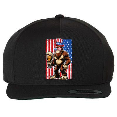 Funny Bigfoot Loves Beer 4th Of July Sasquatch American Flag Gift Wool Snapback Cap
