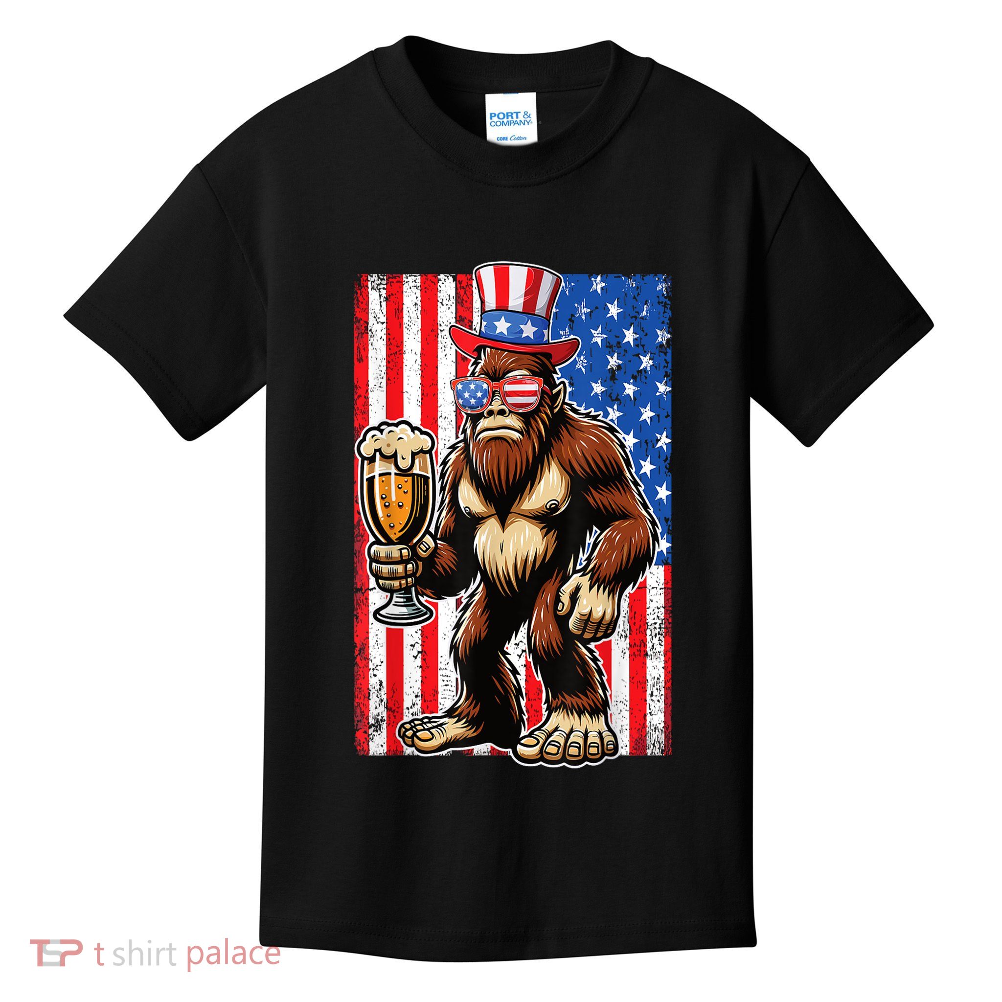 Funny Bigfoot Loves Beer 4th Of July Sasquatch American Flag Gift Kids T-Shirt