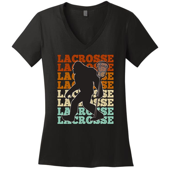 Funny Bigfoot Lacrosse Lax Sasquatch Lacrosse Team Player Women's V-Neck T-Shirt