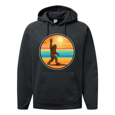 Funny Bigfoot Loves Rock And Roll Sunglasses, Walking On The Beach Performance Fleece Hoodie