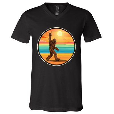 Funny Bigfoot Loves Rock And Roll Sunglasses, Walking On The Beach V-Neck T-Shirt