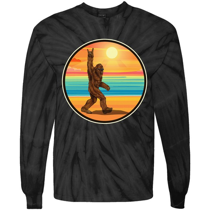 Funny Bigfoot Loves Rock And Roll Sunglasses, Walking On The Beach Tie-Dye Long Sleeve Shirt