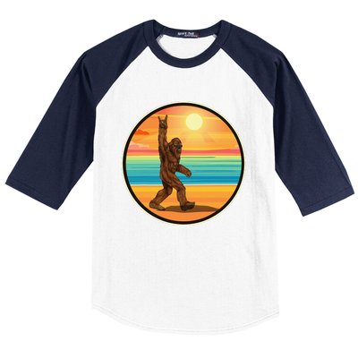 Funny Bigfoot Loves Rock And Roll Sunglasses, Walking On The Beach Baseball Sleeve Shirt