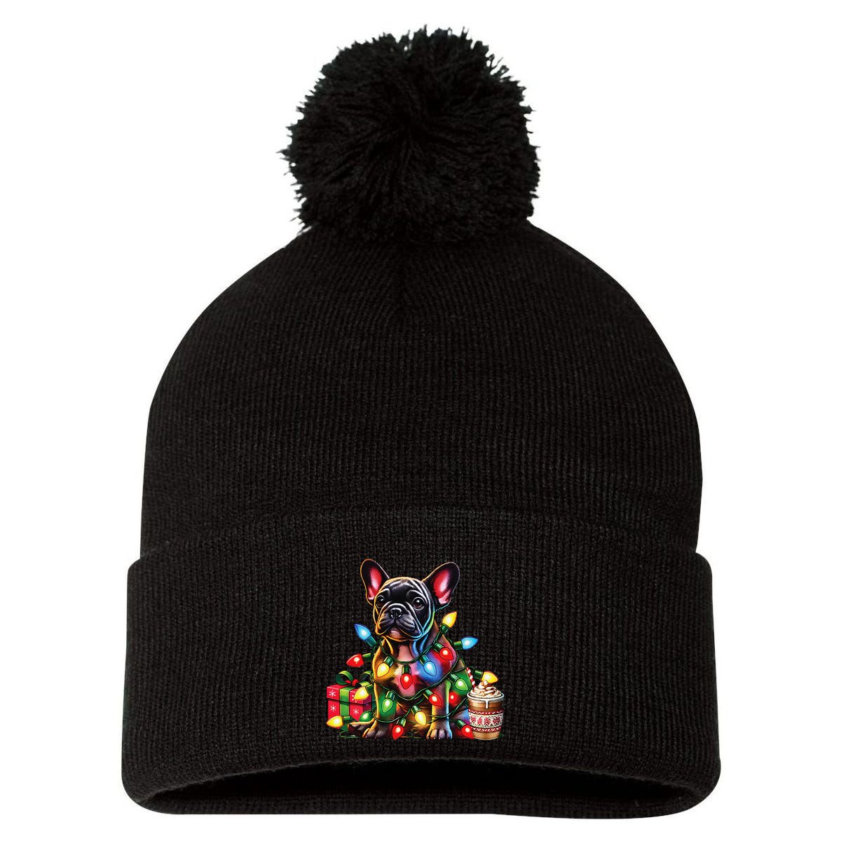 French Bulldog Lovers Xmas Reindeer Antler Christmas Lights Pom Pom 12in Knit Beanie