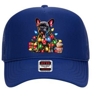 French Bulldog Lovers Xmas Reindeer Antler Christmas Lights High Crown Mesh Back Trucker Hat