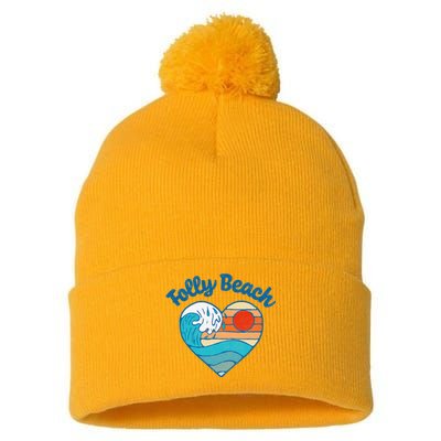 Folly Beach Lover Retro Heart Surf & Wave Pom Pom 12in Knit Beanie