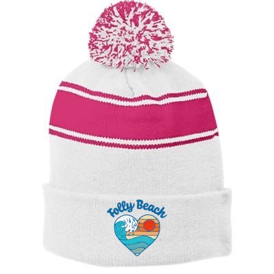 Folly Beach Lover Retro Heart Surf & Wave Stripe Pom Pom Beanie