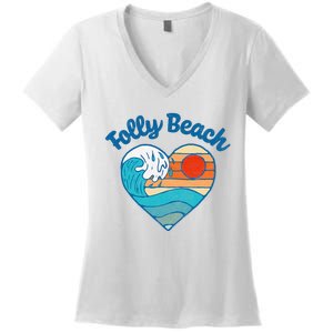 Folly Beach Lover Retro Heart Surf & Wave Women's V-Neck T-Shirt