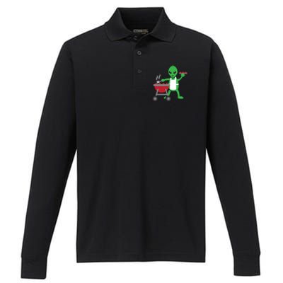 Funny Bbq Lover Artistic Barbecue Grilling Alien Gift Performance Long Sleeve Polo