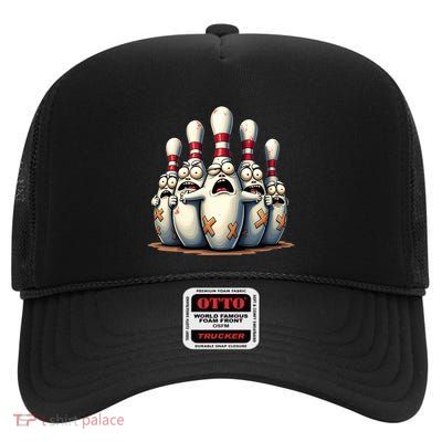 Funny Bowling Lover Bowlers Scared Pin Graphic Gift High Crown Mesh Back Trucker Hat