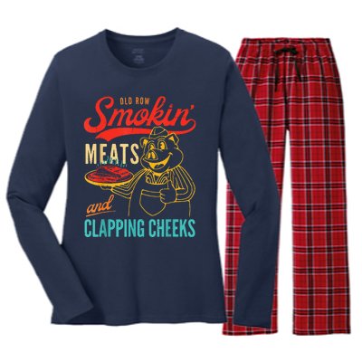 Funny Bbq Meat Groovy Smoking Meats And Clapping Cheeks Women's Long Sleeve Flannel Pajama Set 